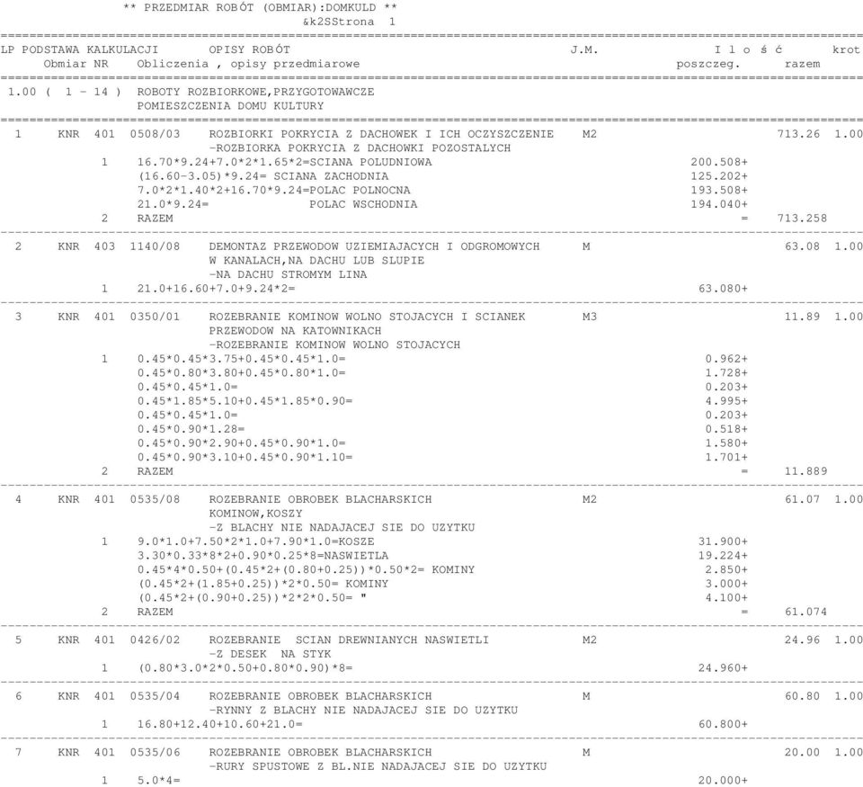 040+ 2 RAZEM = 713.258 2 KNR 403 1140/08 DEMONTAZ PRZEWODOW UZIEMIAJACYCH I ODGROMOWYCH M 63.08 1.00 W KANALACH,NA DACHU LUB SLUPIE -NA DACHU STROMYM LINA 1 21.0+16.60+7.0+9.24*2= 63.