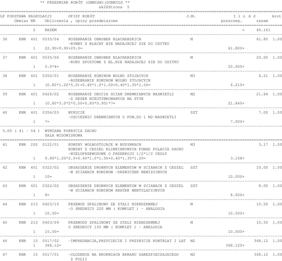 00 -ROZEBRANIE KOMINOW WOLNO STOJACYCH 1 (0.80*1.20*5.0)+0.40*1.0*1.50+0.40*1.35*1.50= 6.210+ 39 KNR 401 0426/02 ROZEBRANIE OBICIA SCIAN DREWNIANYCH NASWIETLI M2 21.84 1.