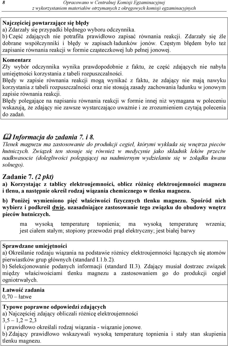 Zły wybór odczynnika wynika prawdopodobnie z faktu, że część zdających nie nabyła umiejętności korzystania z tabeli rozpuszczalności.