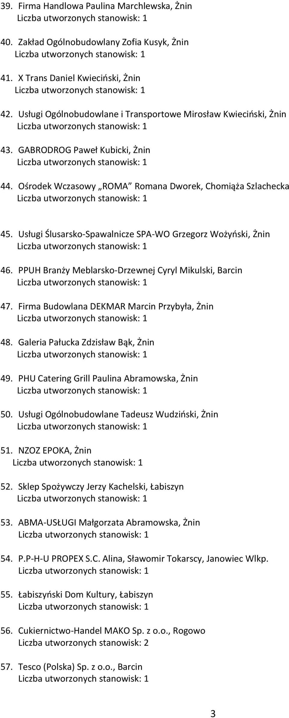 PPUH Branży Meblarsko-Drzewnej Cyryl Mikulski, Barcin 47. Firma Budowlana DEKMAR Marcin Przybyła, Żnin 48. Galeria Pałucka Zdzisław Bąk, Żnin 49. PHU Catering Grill Paulina Abramowska, Żnin 50.