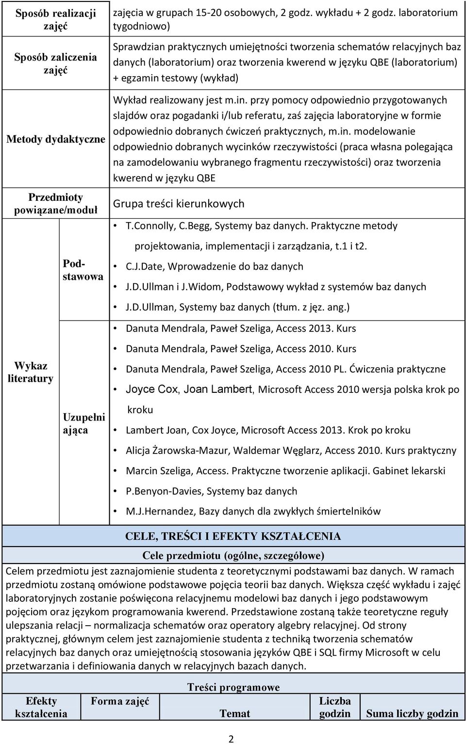 testowy (wykład) realizowany jest m.in. przy pomocy odpowiednio przygotowanych slajdów oraz pogadanki i/lub referatu, zaś zajęcia laboratoryjne w formie odpowiednio dobranych dwiczeo praktycznych, m.