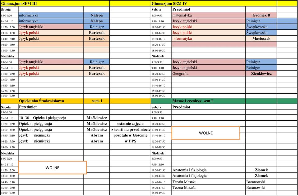 Macioszek 8:00-9:30 Język angielski Reiniger 8:00-9:30 Język angielski Reiniger 9:40-11:10 Język polski Bartczak 9:40-11:10 Język angielski Reiniger 11:20-12:50 Język polski Bartczak 11:20-12:50