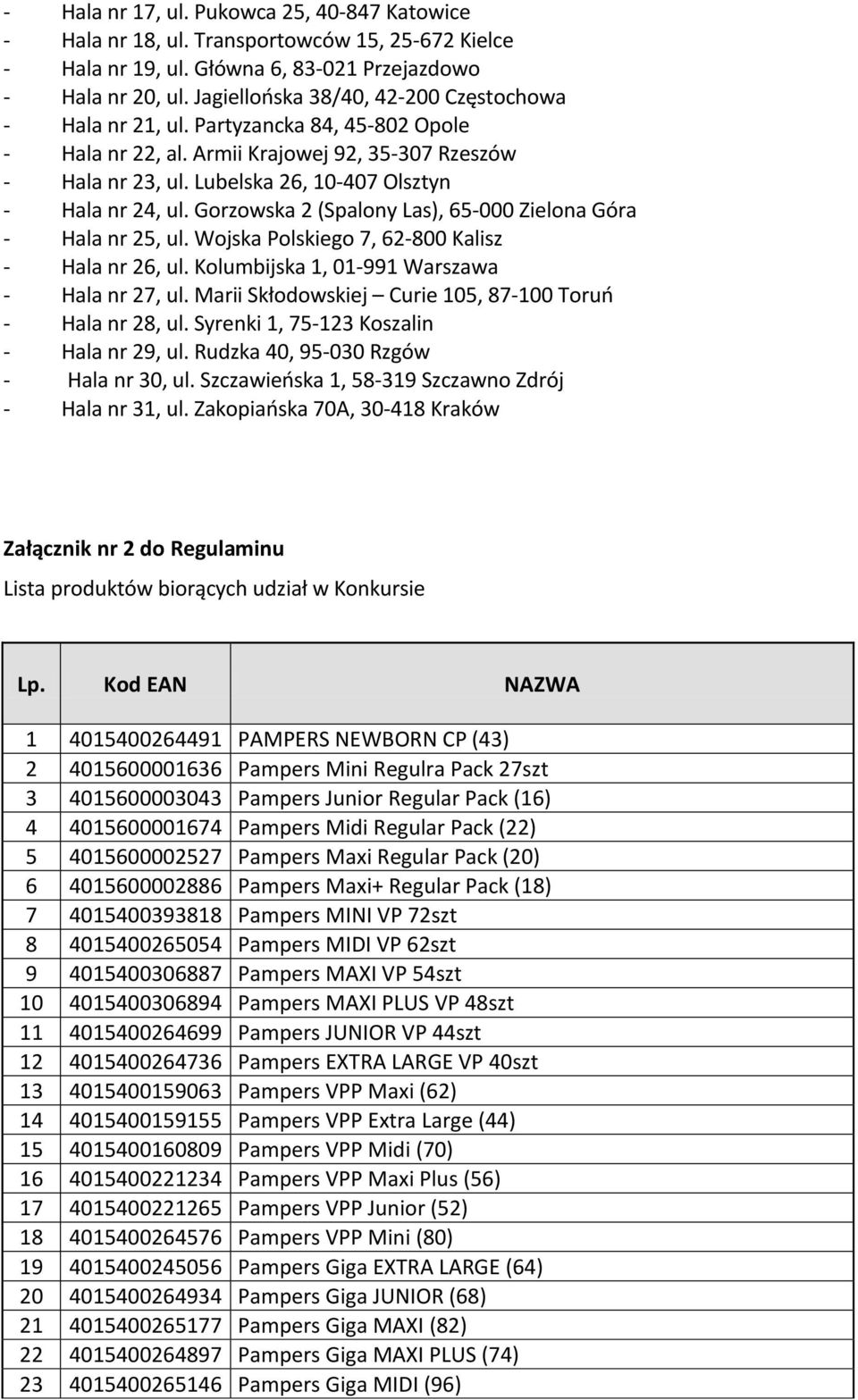 Lubelska 26, 10-407 Olsztyn - Hala nr 24, ul. Gorzowska 2 (Spalony Las), 65-000 Zielona Góra - Hala nr 25, ul. Wojska Polskiego 7, 62-800 Kalisz - Hala nr 26, ul.