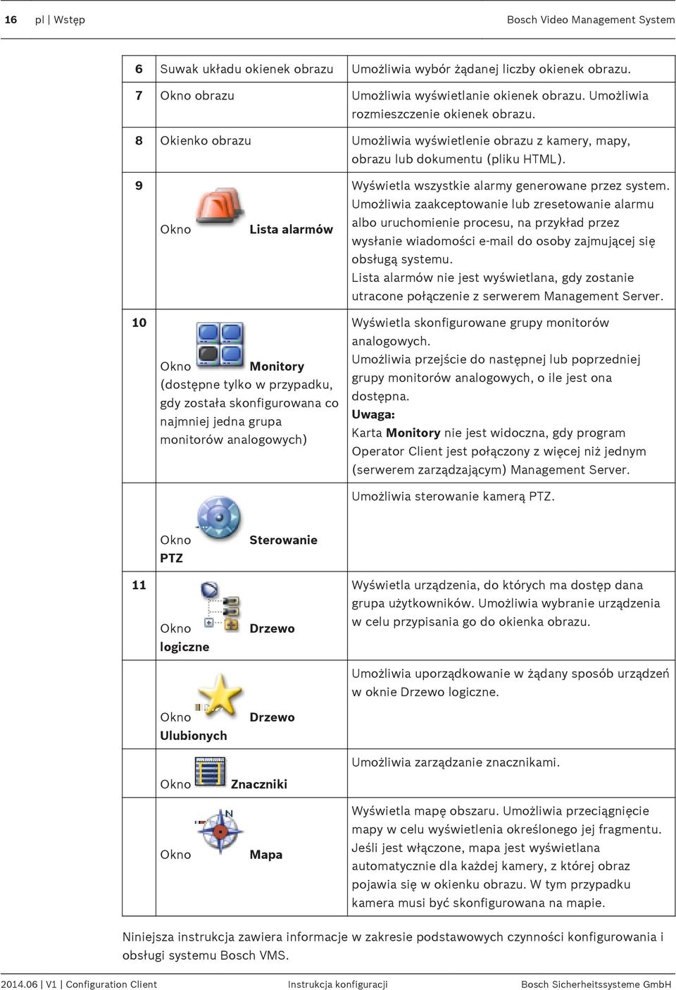 9 Okno Lista alarmów Wyświetla wszystkie alarmy generowane przez system.