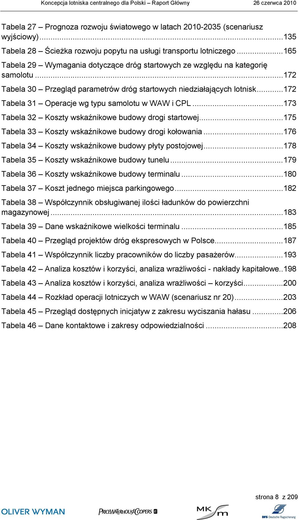 ..172 Tabela 31 Operacje wg typu samolotu w WAW i CPL...173 Tabela 32 Koszty wskaźnikowe budowy drogi startowej...175 Tabela 33 Koszty wskaźnikowe budowy drogi kołowania.