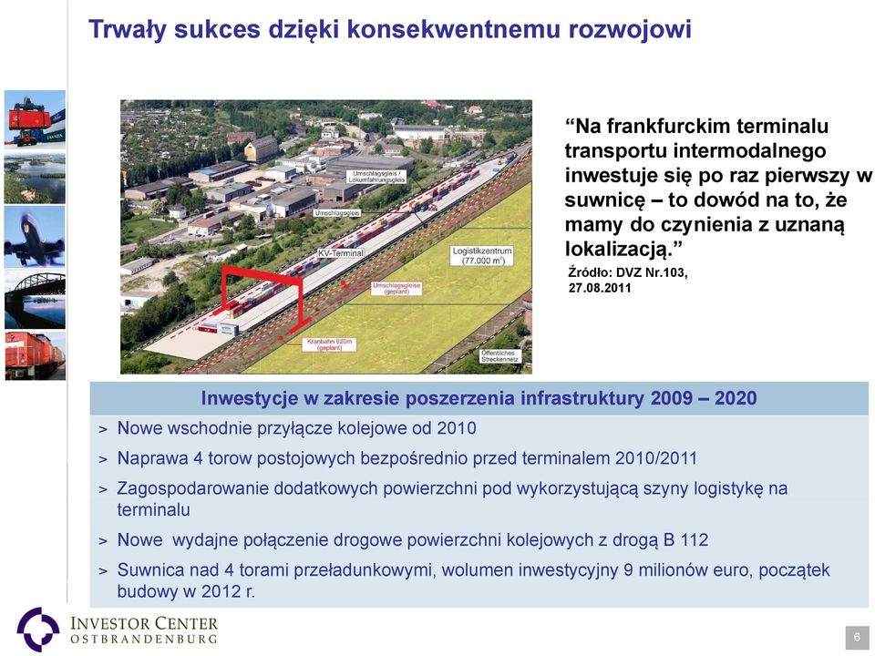 2011 Inwestycje w zakresie poszerzenia infrastruktury 2009 2020 > Nowe wschodnie przyłącze kolejowe od 2010 > Naprawa 4 torow postojowych bezpośrednio przed terminalem