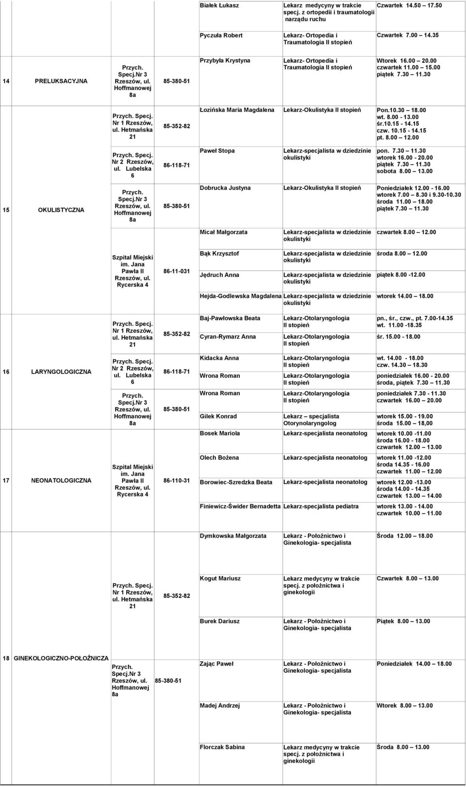 00-13.00 śr.10.15-14.15 czw. 10.15-14.15 pt. 8.00 12.00 ul. Lubelska 6 Paweł Stopa Lekarz-specjalista w dziedzinie pon. 7.30 11.30 wtorek 16.00-20.00 piątek 7.30 11.30 sobota 8.00 13.