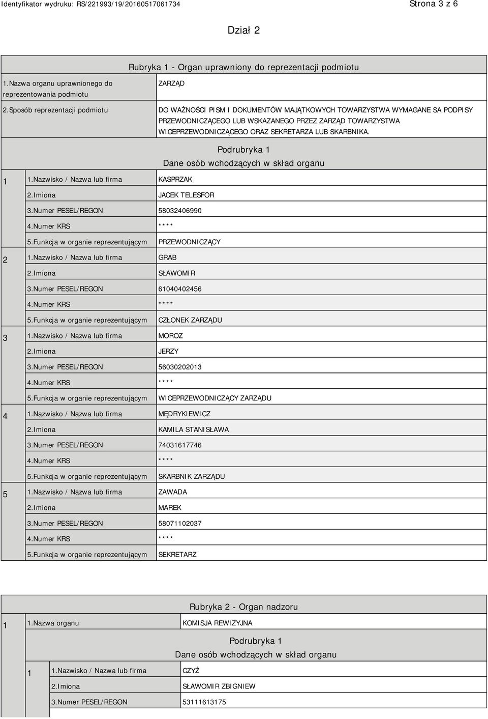 SEKRETARZA LUB SKARBNIKA. 1 1.Nazwisko / Nazwa lub firma KASPRZAK Podrubryka 1 Dane osób wchodzących w skład organu JACEK TELESFOR 3.Numer PESEL/REGON 58032406990 PRZEWODNICZĄCY 2 1.