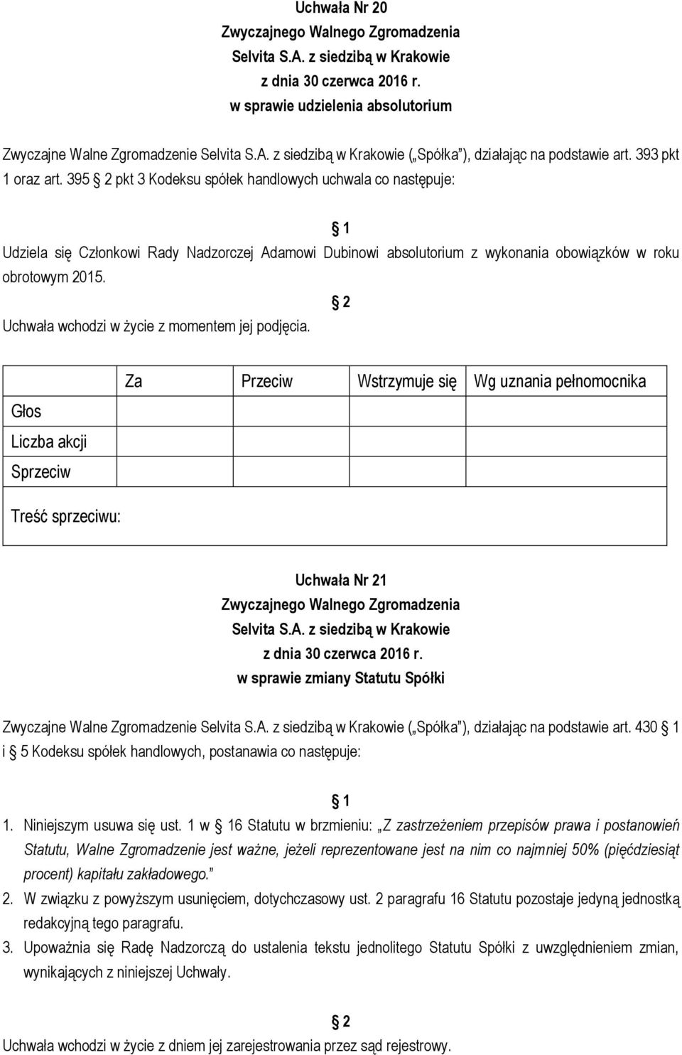 Uchwała Nr 21 w sprawie zmiany Statutu Spółki Zwyczajne Walne Zgromadzenie ( Spółka ), działając na podstawie art. 430 i 5 Kodeksu spółek handlowych, postanawia co następuje: 1.