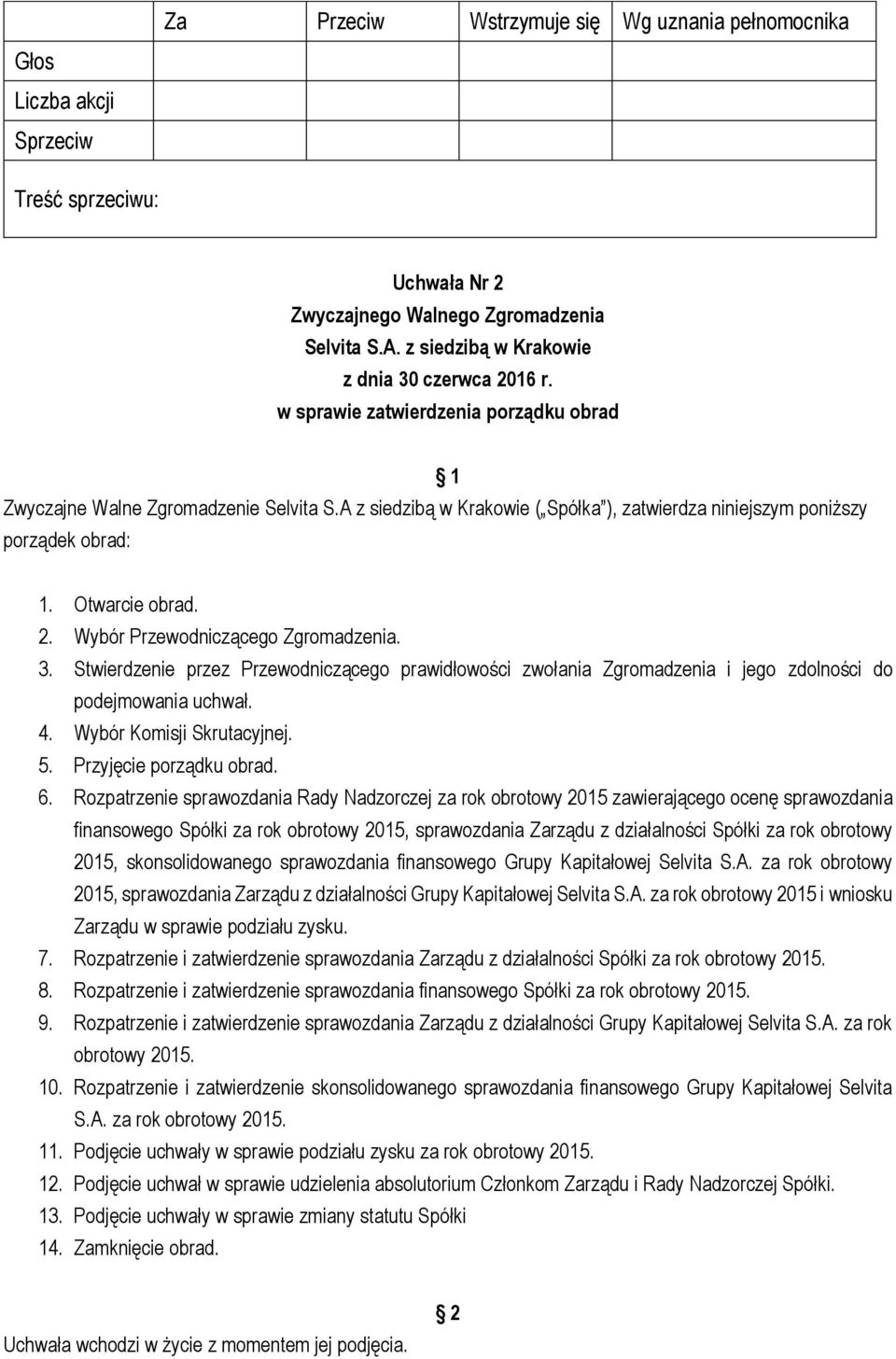 Rozpatrzenie sprawozdania Rady Nadzorczej za rok obrotowy 2015 zawierającego ocenę sprawozdania finansowego Spółki za rok obrotowy 2015, sprawozdania Zarządu z działalności Spółki za rok obrotowy