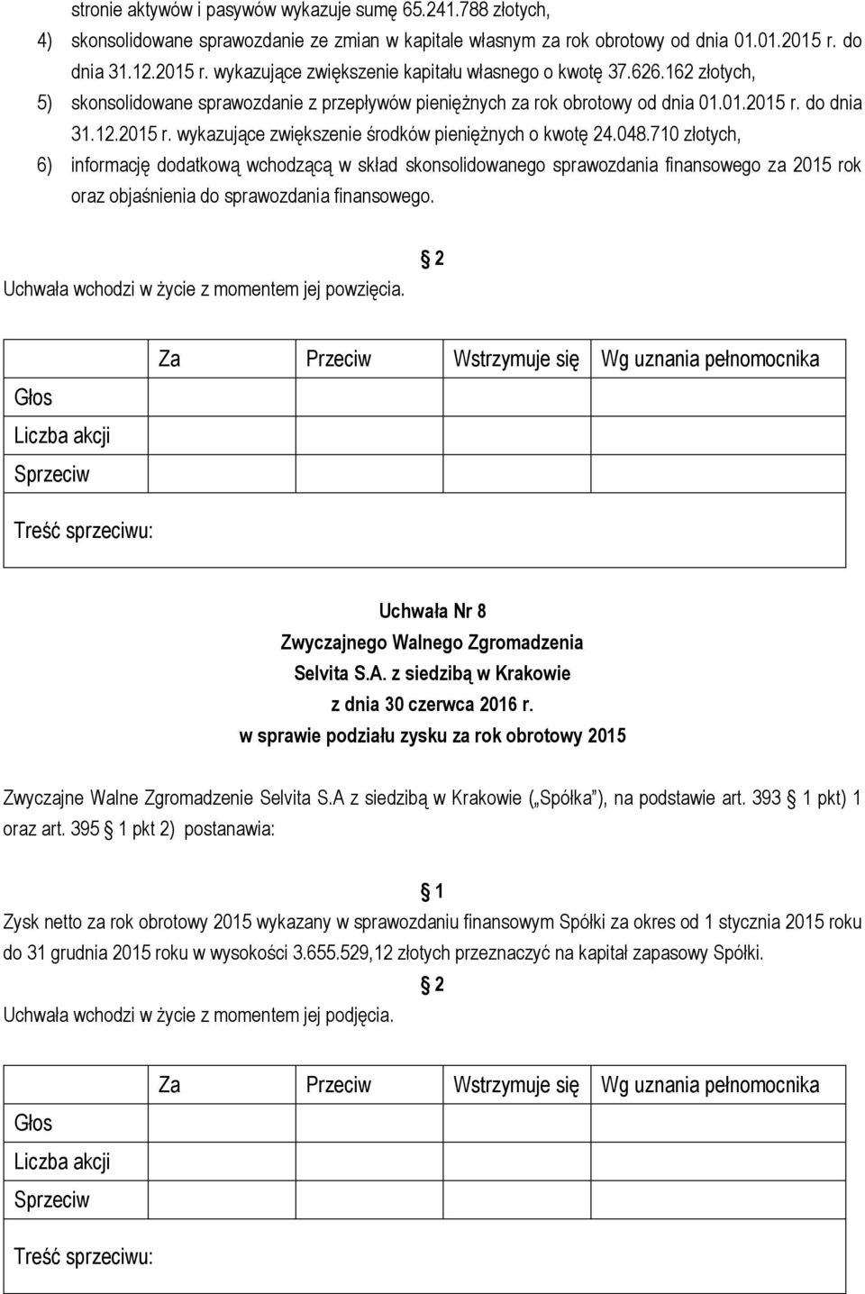 048.710 złotych, 6) informację dodatkową wchodzącą w skład skonsolidowanego sprawozdania finansowego za 2015 rok oraz objaśnienia do sprawozdania finansowego.