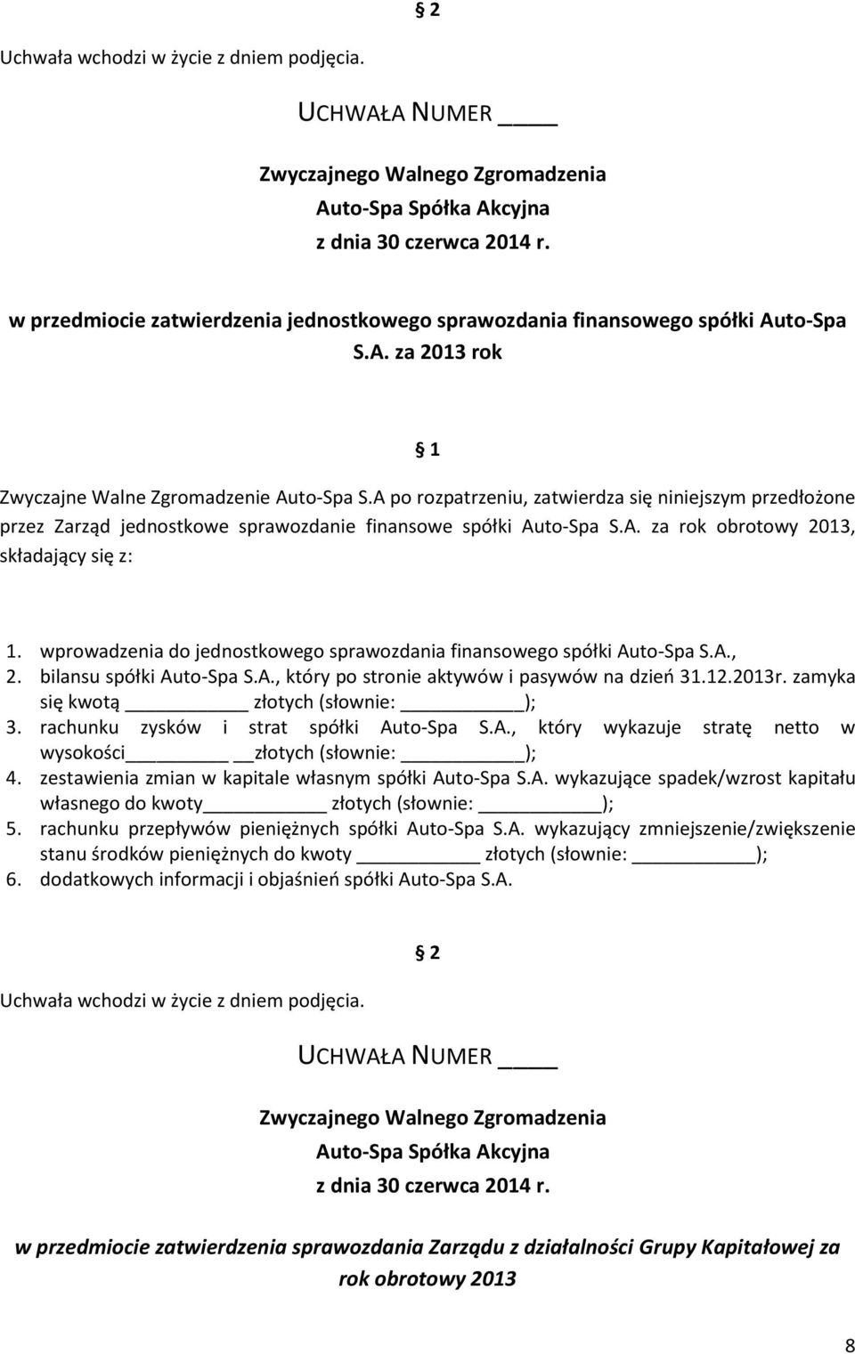 wprowadzenia do jednostkowego sprawozdania finansowego spółki Auto-Spa S.A., 2. bilansu spółki Auto-Spa S.A., który po stronie aktywów i pasywów na dzień 31.12.2013r.