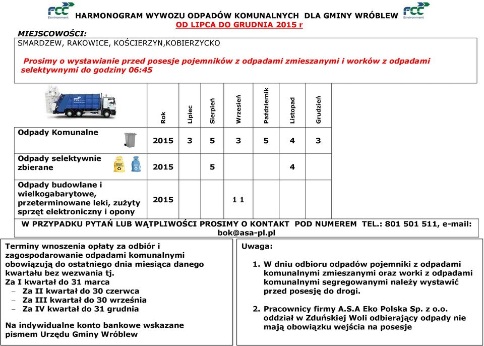 budowlane i wielkogabarytowe, przeterminowane leki, zużyty sprzęt elektroniczny i opony 2015 1 1 W PRZYPADKU PYTAŃ LUB WĄTPLIWOŚCI PROSIMY O KONTAKT POD NUMEREM TEL.: 801 501 511, e-mail: bok@asa-pl.