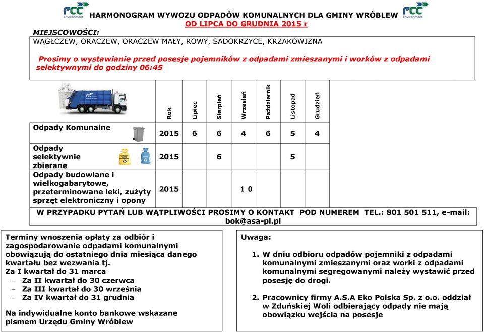 zbierane Odpady budowlane i wielkogabarytowe, przeterminowane leki, zużyty sprzęt elektroniczny i opony 2015 6 5 2015 1 0 W PRZYPADKU PYTAŃ LUB WĄTPLIWOŚCI PROSIMY O KONTAKT POD NUMEREM TEL.