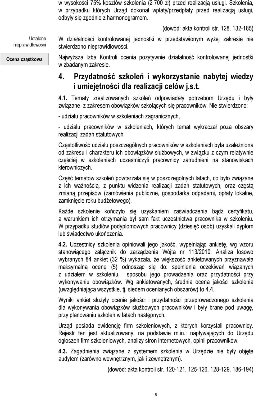 128, 132-185) W działalności kontrolowanej jednostki w przedstawionym wyżej zakresie nie stwierdzono nieprawidłowości. Najwyższa Izba Kontroli ocenia pozytywnie działalność kontrolowanej jednostki 4.