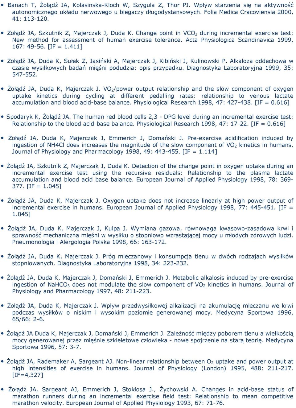 Acta Physiologica Scandinavica 1999, 167: 49-56. [IF = 1.411] Żołądź JA, Duda K, Sułek Z, Jasiński A, Majerczak J, Kibiński J, Kulinowski P.