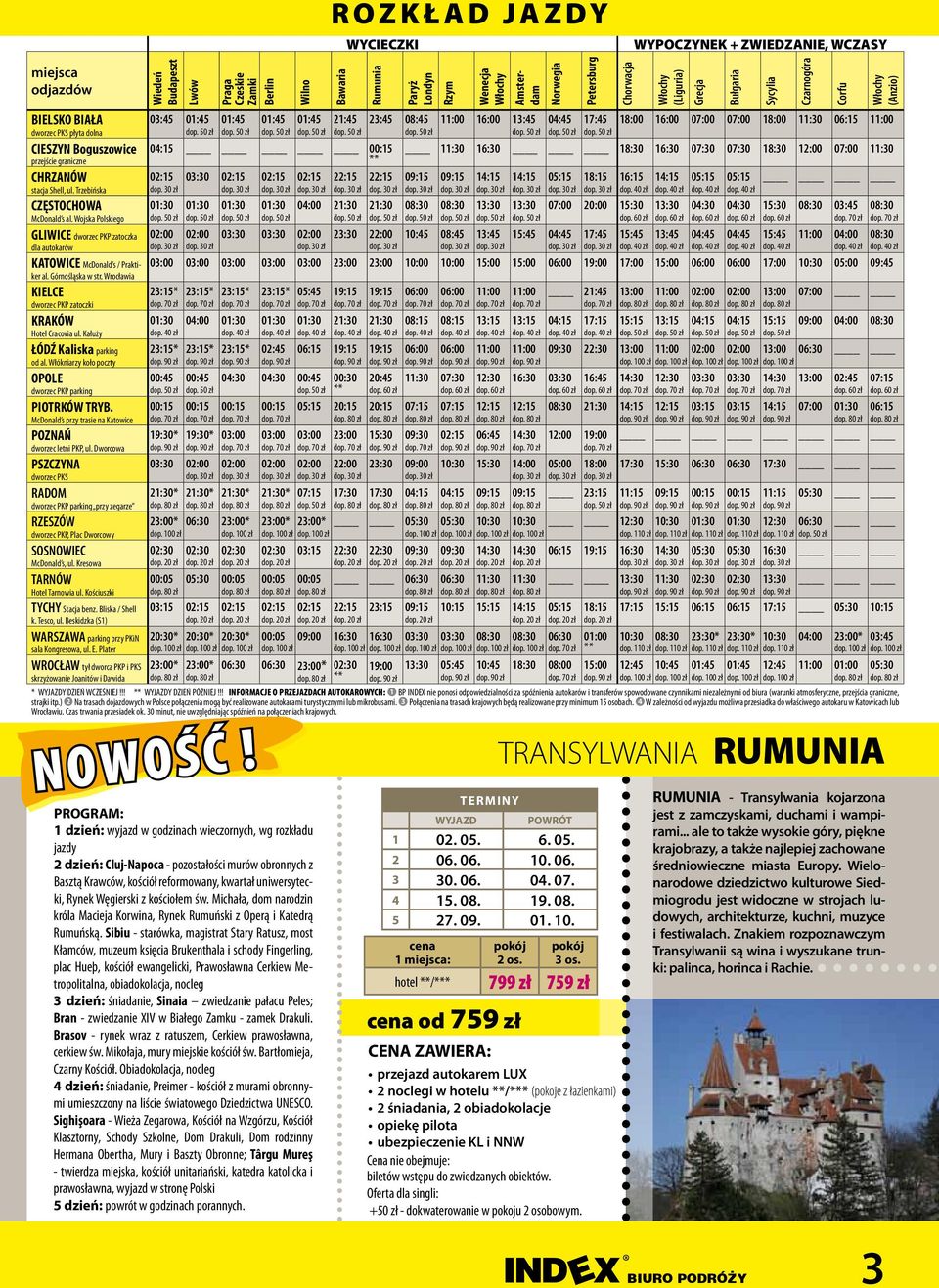 Wrocławia KIELCE dworzec PKP zatoczki KRAKÓW Hotel Cracovia ul. Kałuży ŁÓDŹ Kaliska parking od al. Włókniarzy koło poczty OPOLE dworzec PKP parking PIOTRKÓW TRYB.