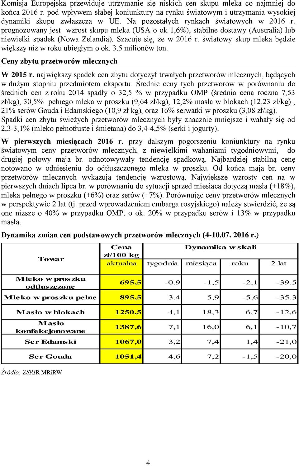 światowy skup mleka będzie większy niż w roku ubiegłym o ok. 3.5 milionów ton. Ceny zbytu przetworów mlecznych W 2015 r.