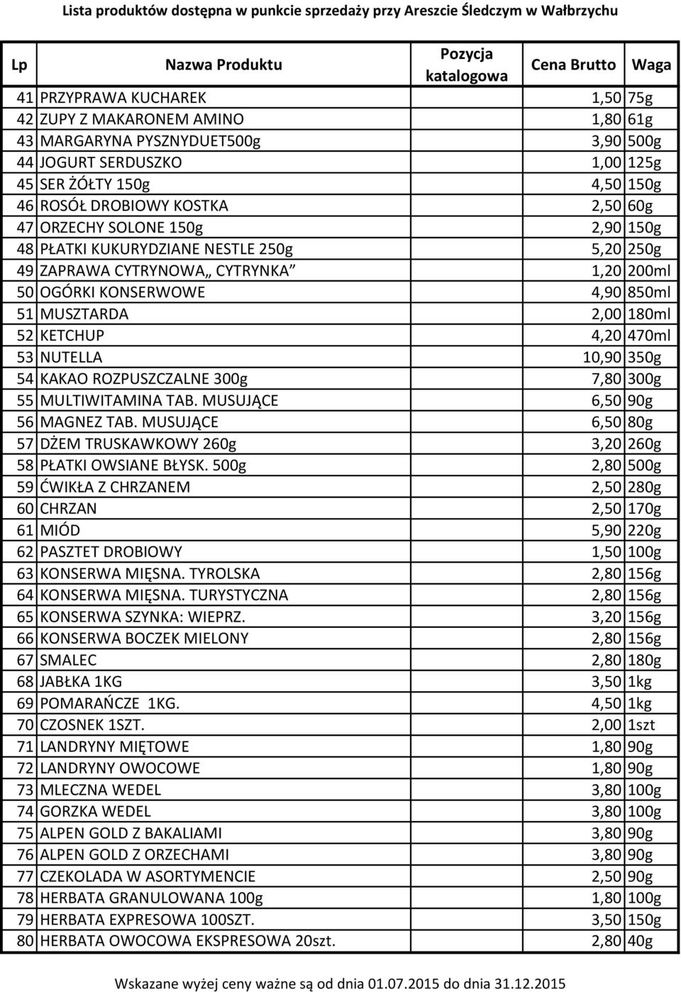 NUTELLA 10,90 350g 54 KAKAO ROZPUSZCZALNE 300g 7,80 300g 55 MULTIWITAMINA TAB. MUSUJĄCE 6,50 90g 56 MAGNEZ TAB. MUSUJĄCE 6,50 80g 57 DŻEM TRUSKAWKOWY 260g 3,20 260g 58 PŁATKI OWSIANE BŁYSK.