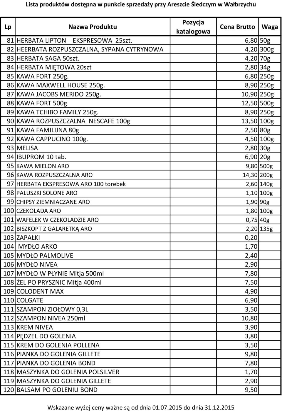 8,90 250g 90 KAWA ROZPUSZCZALNA NESCAFE 100g 13,50 100g 91 KAWA FAMILIJNA 80g 2,50 80g 92 KAWA CAPPUCINO 100g. 4,50 100g 93 MELISA 2,80 30g 94 IBUPROM 10 tab.