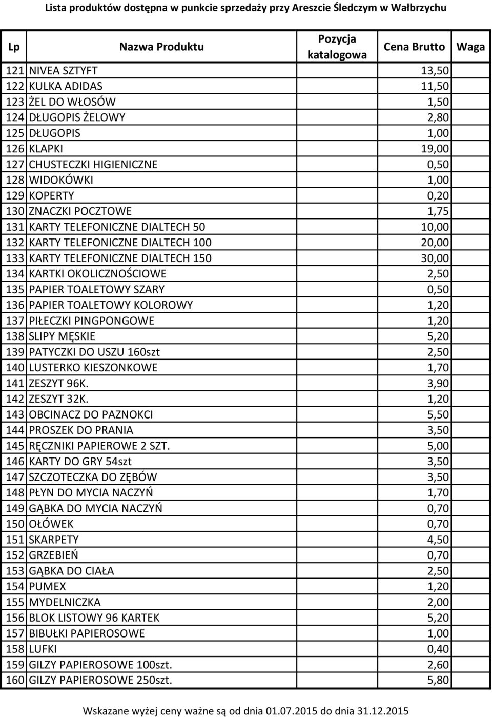 PAPIER TOALETOWY SZARY 0,50 136 PAPIER TOALETOWY KOLOROWY 1,20 137 PIŁECZKI PINGPONGOWE 1,20 138 SLIPY MĘSKIE 5,20 139 PATYCZKI DO USZU 160szt 2,50 140 LUSTERKO KIESZONKOWE 1,70 141 ZESZYT 96K.