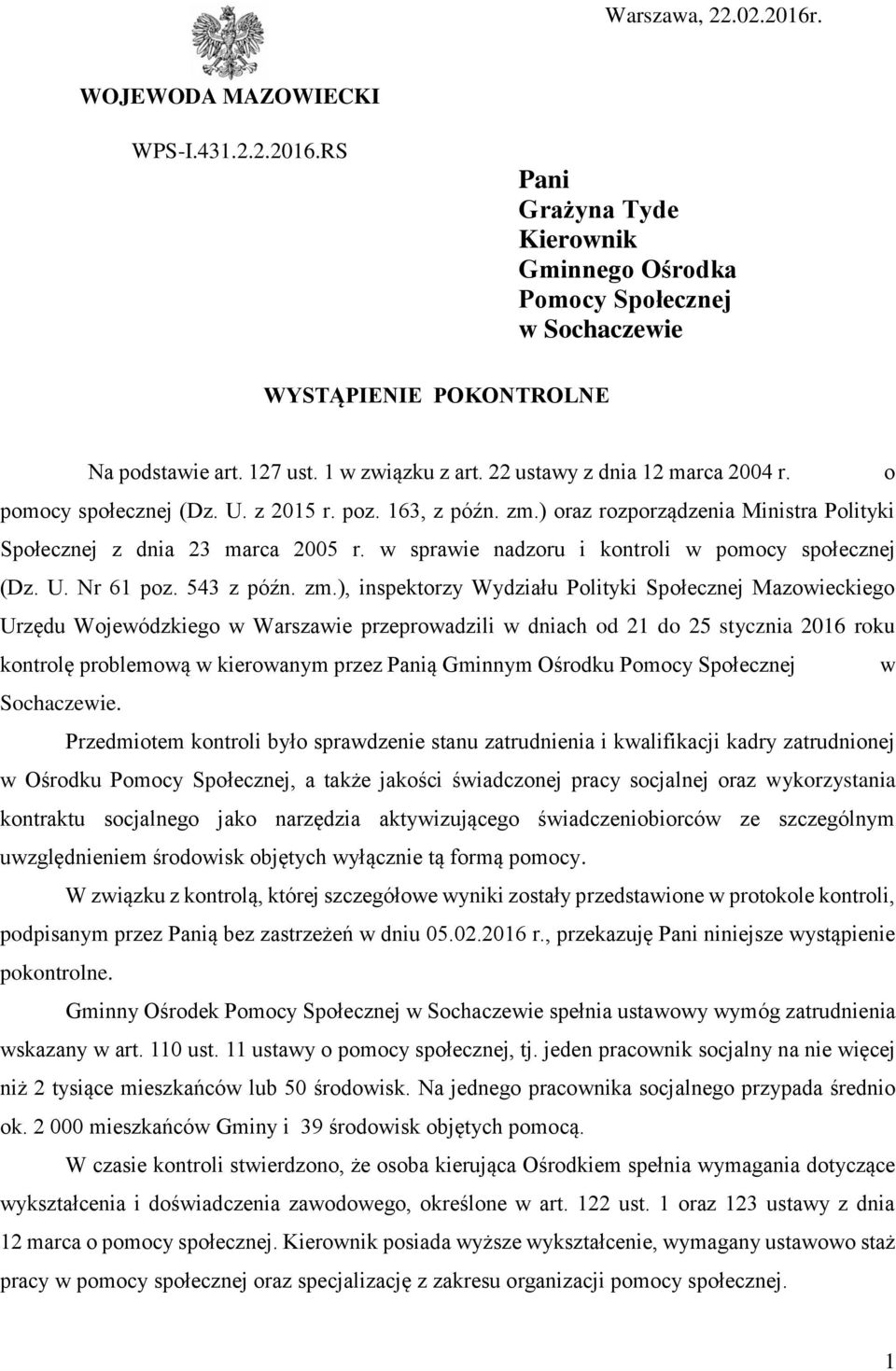 w sprawie nadzoru i kontroli w pomocy społecznej (Dz. U. Nr 61 poz. 543 z późn. zm.