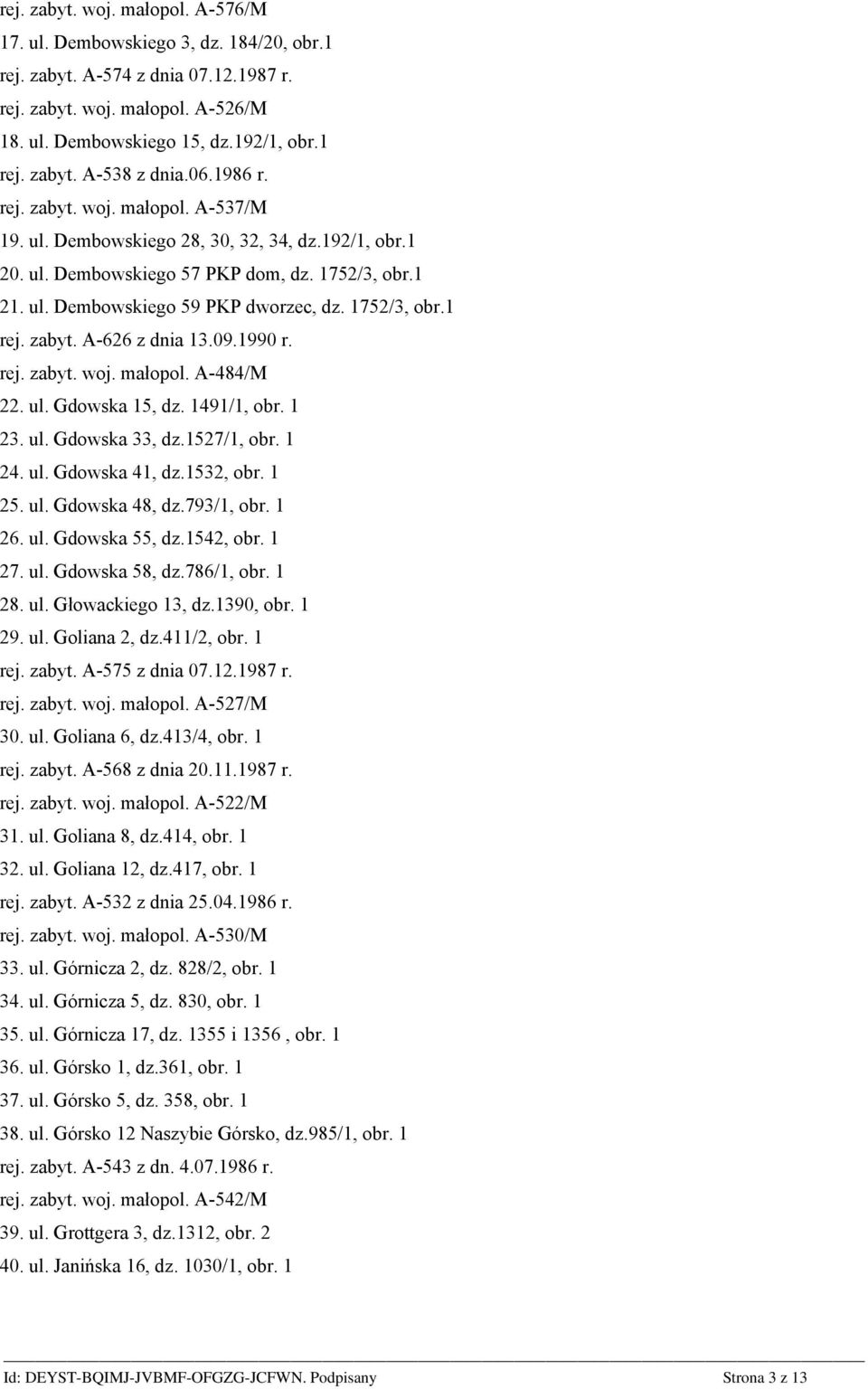 1752/3, obr.1 rej. zabyt. A-626 z dnia 13.09.1990 r. rej. zabyt. woj. małopol. A-484/M 22. ul. Gdowska 15, dz. 1491/1, obr. 1 23. ul. Gdowska 33, dz.1527/1, obr. 1 24. ul. Gdowska 41, dz.1532, obr.