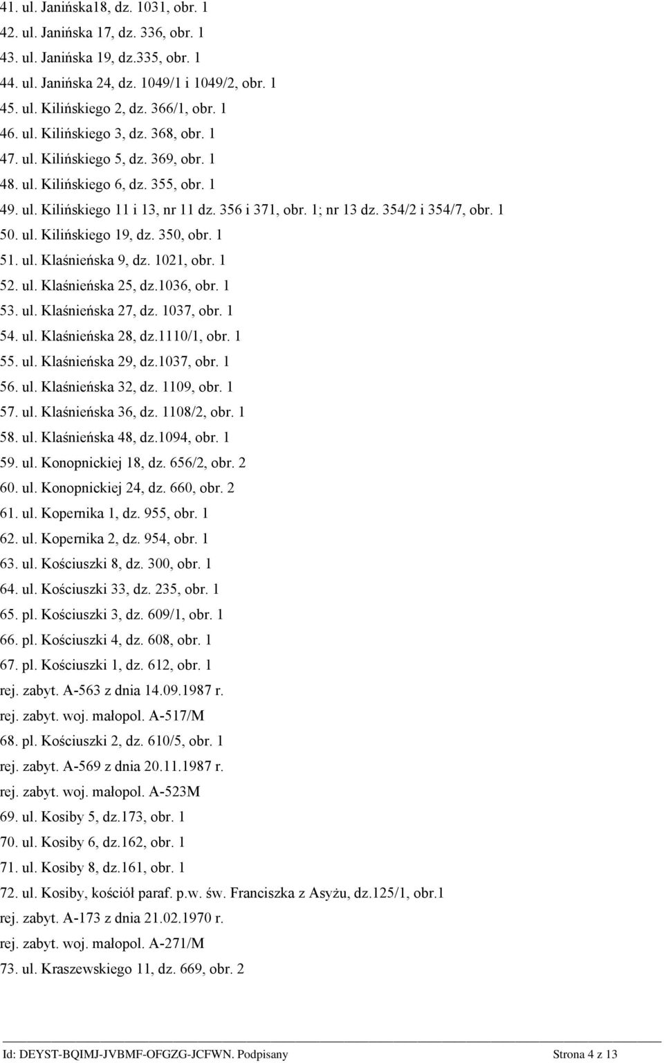 354/2 i 354/7, obr. 1 50. ul. Kilińskiego 19, dz. 350, obr. 1 51. ul. Klaśnieńska 9, dz. 1021, obr. 1 52. ul. Klaśnieńska 25, dz.1036, obr. 1 53. ul. Klaśnieńska 27, dz. 1037, obr. 1 54. ul. Klaśnieńska 28, dz.