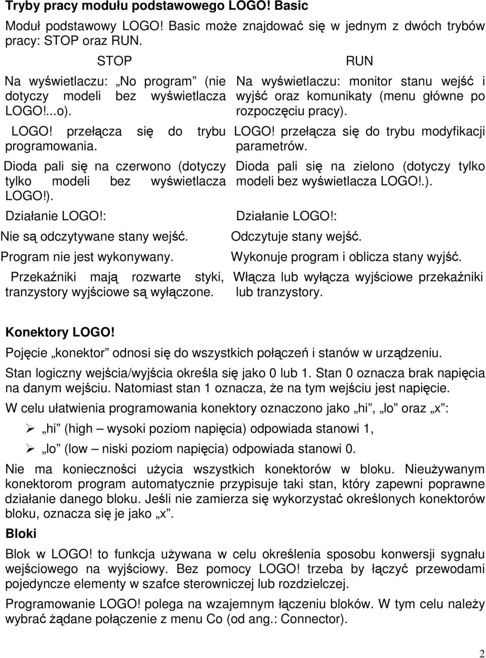 : Nie s odczytywane stany wej. Program nie jest wykonywany. Przekaniki maj rozwarte styki, tranzystory wyjciowe s wyłczone.