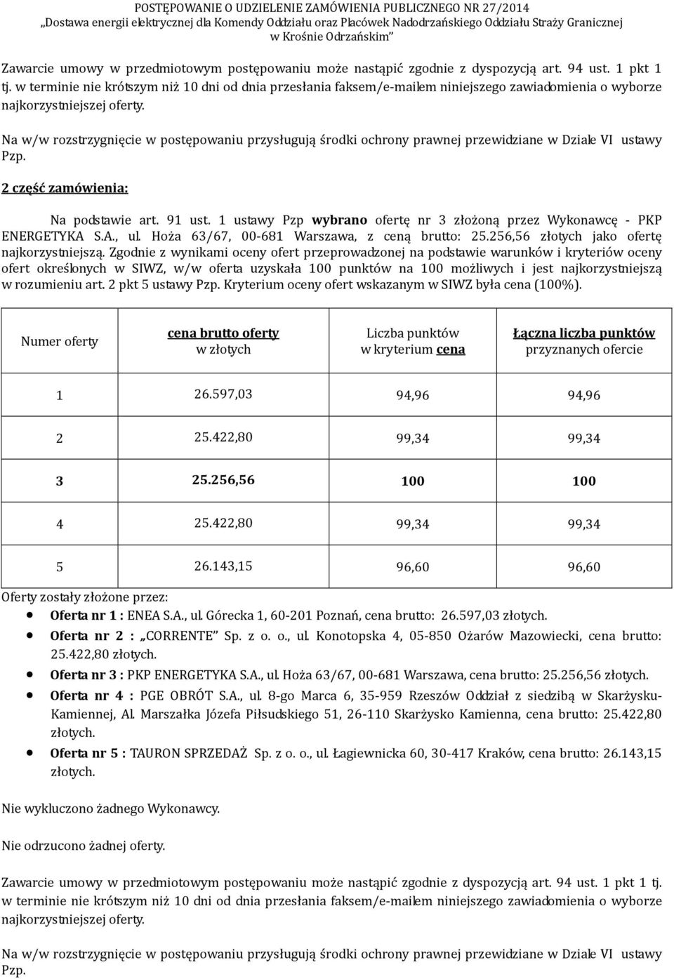 422,80 99,34 99,34 5 26.143,15 96,60 96,60 Oferta nr 1 : ENEA S.A., ul. Górecka 1, 60-201 Poznań, cena brutto: 26.597,03 25.422,80 Oferta nr 3 : PKP ENERGETYKA S.A., ul. Hoża 63/67, 00-681 Warszawa, cena brutto: 25.