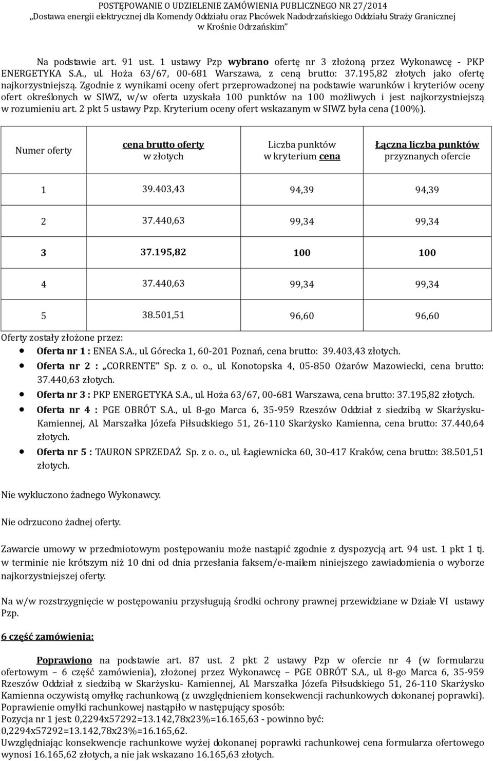 440,63 Oferta nr 3 : PKP ENERGETYKA S.A., ul. Hoża 63/67, 00-681 Warszawa, cena brutto: 37.195,82 Kamiennej, Al. Marszałka Józefa Piłsudskiego 51, 26-110 Skarżysko Kamienna, cena brutto: 37.