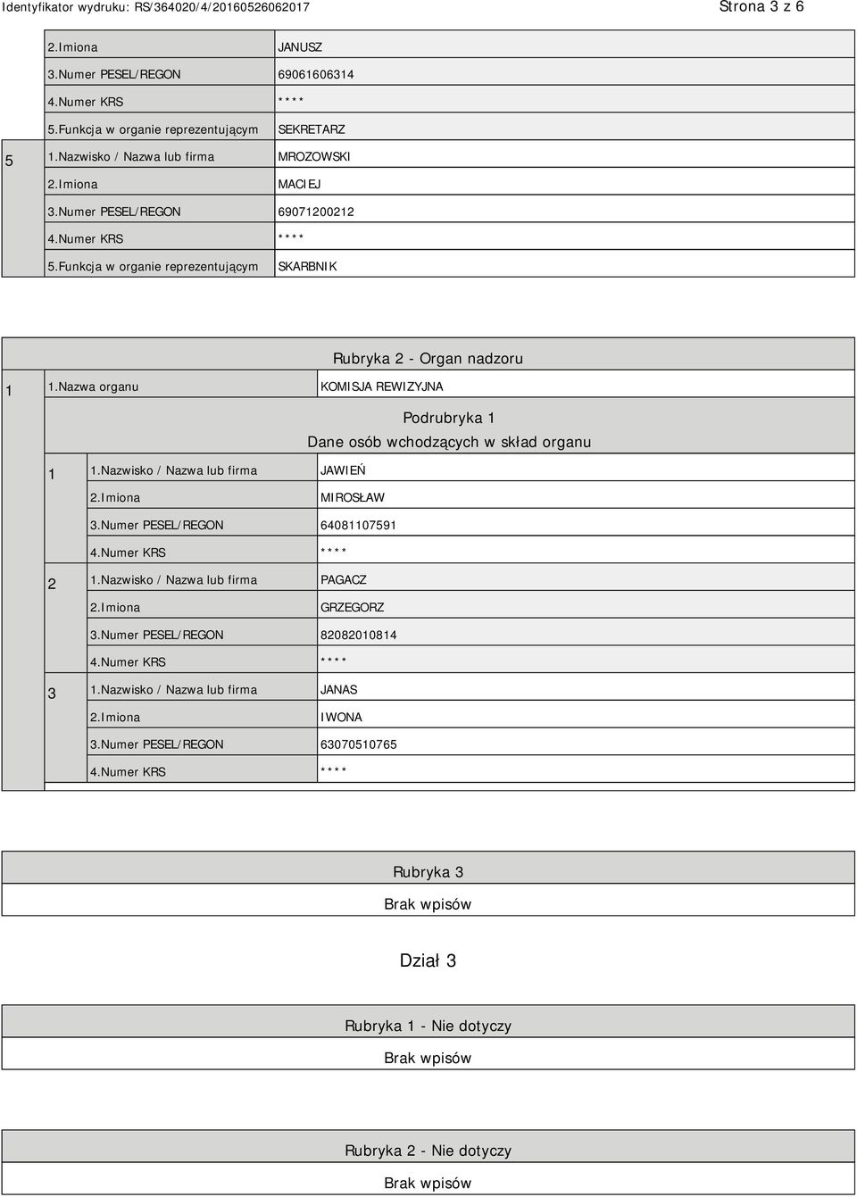 Nazwa organu KOMISJA REWIZYJNA Podrubryka 1 Dane osób wchodzących w skład organu 1 1.Nazwisko / Nazwa lub firma JAWIEŃ MIROSŁAW 3.