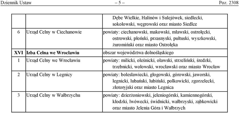 przasnyski, pułtuski, wyszkowski, żuromiński oraz miasto Ostrołęka XVI Izba Celna we Wrocławiu obszar województwa dolnośląskiego 1 Urząd Celny we Wrocławiu powiaty: milicki, oleśnicki, oławski,