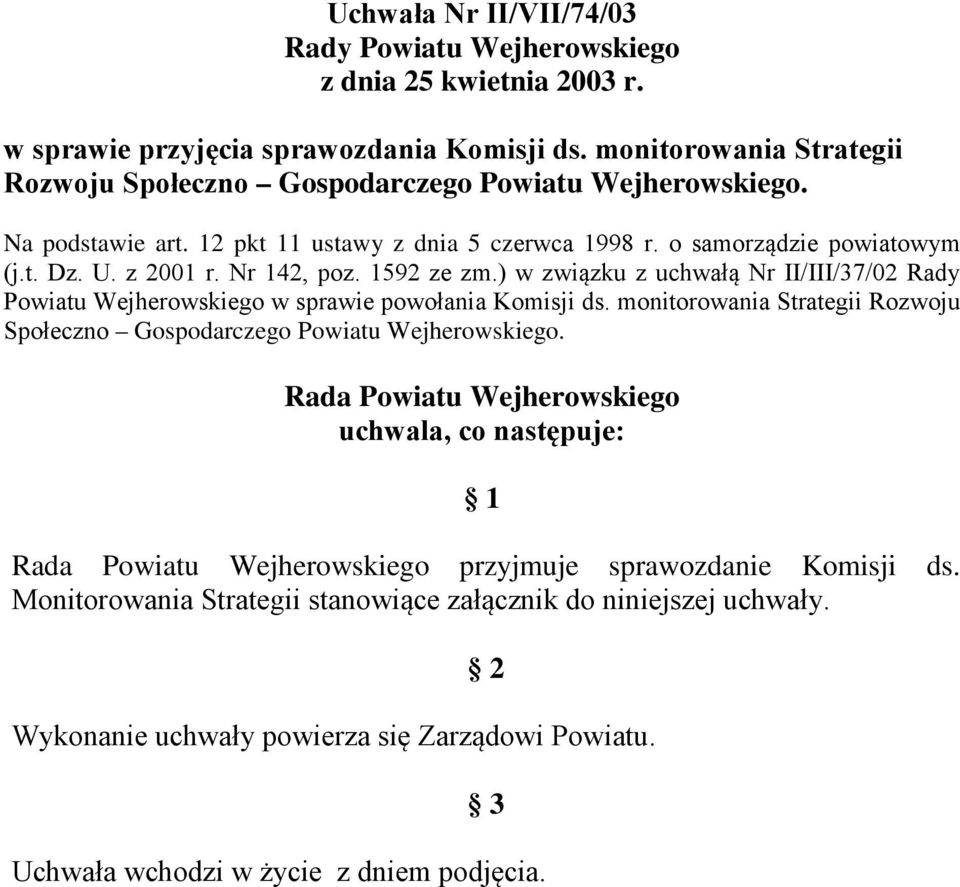 Nr 142, poz. 1592 ze zm.) w związku z uchwałą Nr II/III/37/02 Rady Powiatu Wejherowskiego w sprawie powołania Komisji ds.