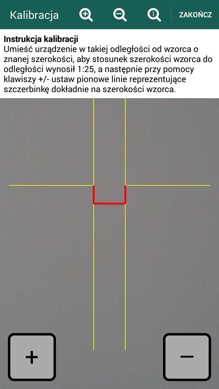 Poprawność i dokładność kalibracji szczerbinki wpływa na dokładność pomiarów. Kalibrację należy przeprowadzić na wzorcu.