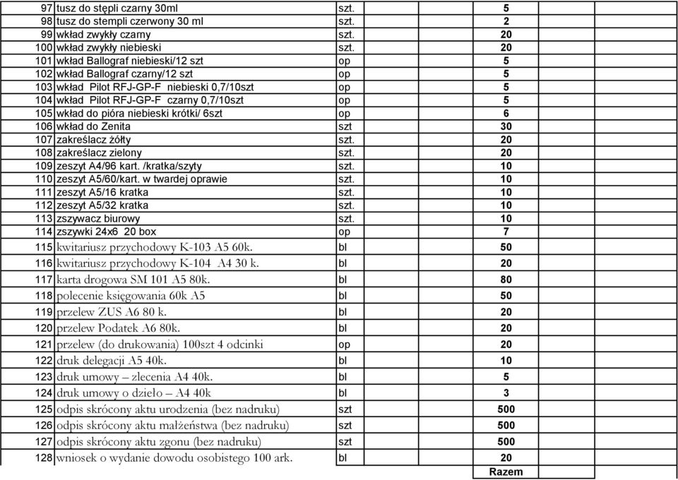niebieski krótki/ 6szt op 6 106 wkład do Zenita szt 30 107 zakreślacz żółty szt. 20 108 zakreślacz zielony szt. 20 109 zeszyt A4/96 kart. /kratka/szyty szt. 10 110 zeszyt A5/60/kart.