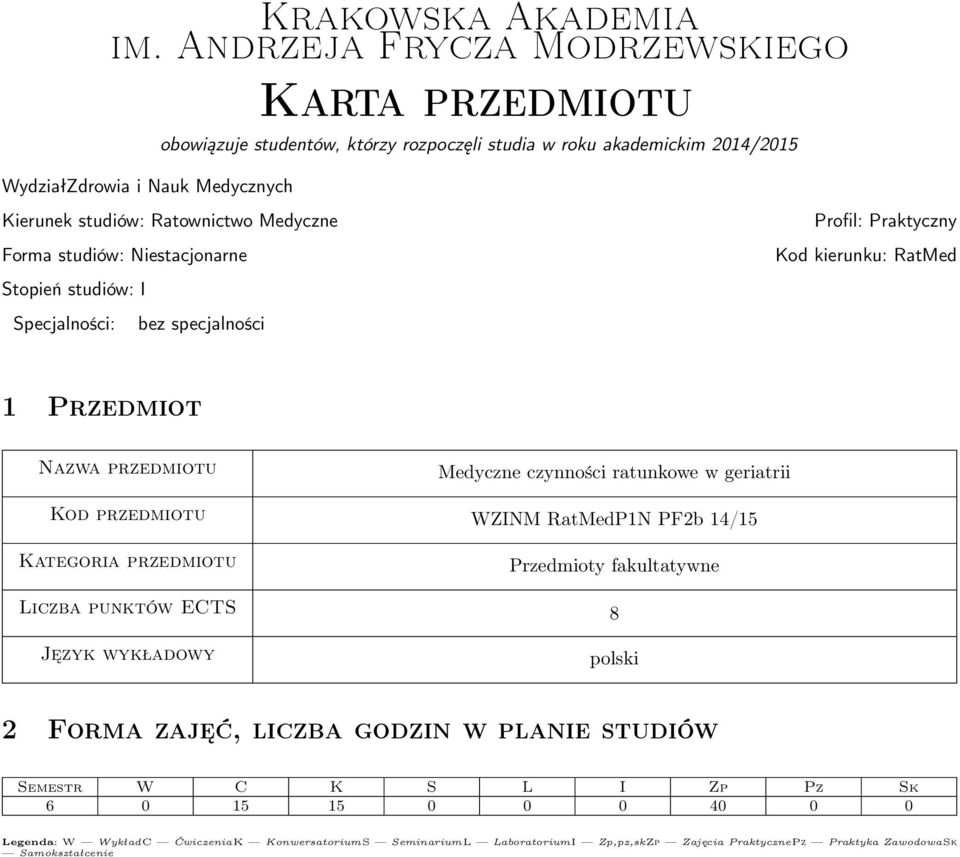 Medyczne Forma studiów: Niestacjonarne Stopień studiów: I Specjalności: bez specjalności Profil: Praktyczny Kod kierunku: RatMed 1 Przedmiot Nazwa przedmiotu Medyczne czynności ratunkowe w