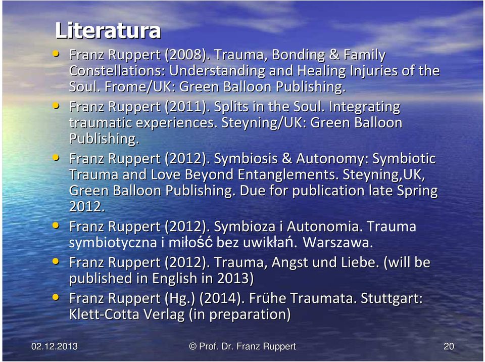 Steyning,UK, Green Balloon Publishing. Due for publication late Spring 2012. Franz Ruppert (2012). Symbioza i Autonomia. Trauma symbiotyczna i miłość bez uwikłań. Warszawa.