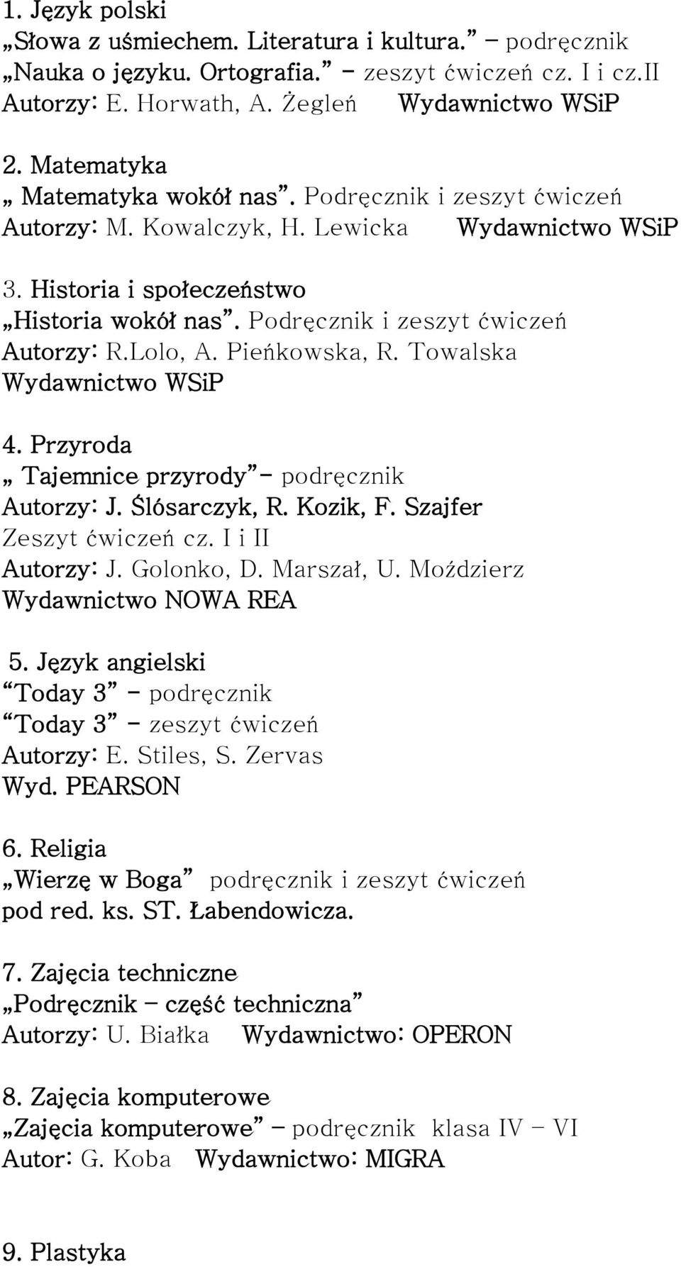 Lolo, A. Pieńkowska, R. Towalska Wydawnictwo WSiP 4. Przyroda Tajemnice przyrody - podręcznik Autorzy: J. Ślósarczyk, R. Kozik, F. Szajfer Zeszyt ćwiczeń cz. I i II Autorzy: J. Golonko, D. Marszał, U.