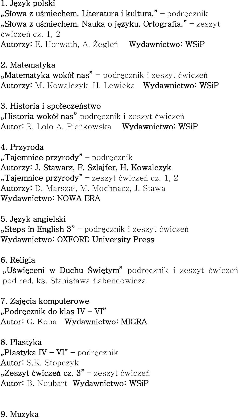 Lolo A. Pieńkowska Wydawnictwo: WSiP 4. Przyroda Tajemnice przyrody podręcznik Autorzy: J. Stawarz, F. Szlajfer, H. Kowalczyk Tajemnice przyrody zeszyt ćwiczeń cz. 1, 2 Autorzy: D. Marszał, M.