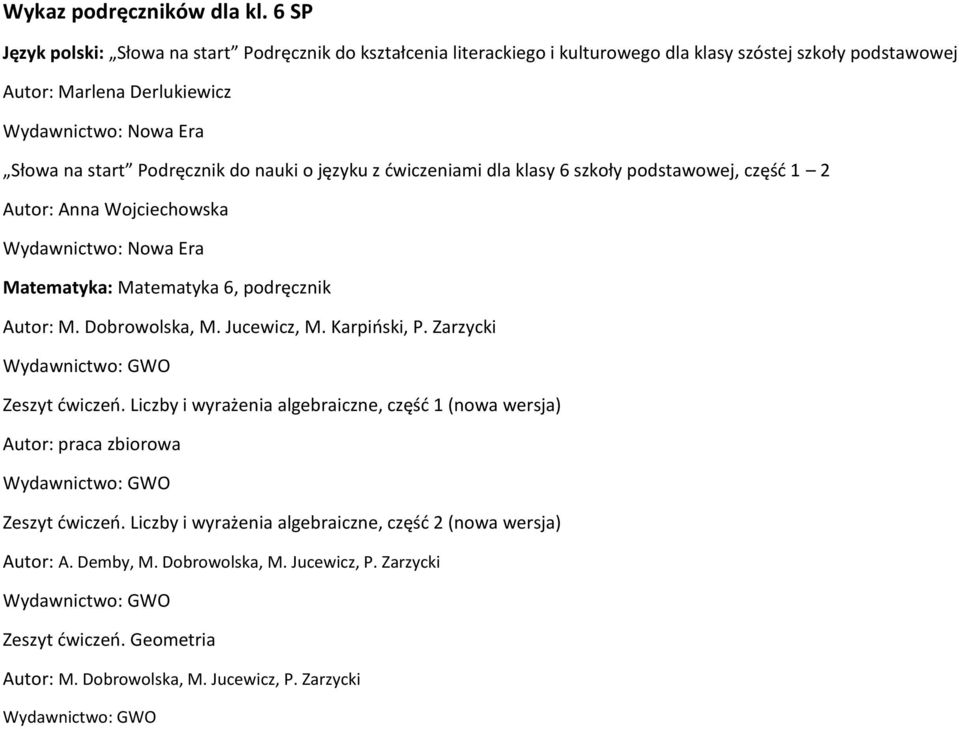 Podręcznik do nauki o języku z ćwiczeniami dla klasy 6 szkoły podstawowej, część 1 2 Autor: Anna Wojciechowska Matematyka: Matematyka 6, podręcznik Autor: M. Dobrowolska, M.