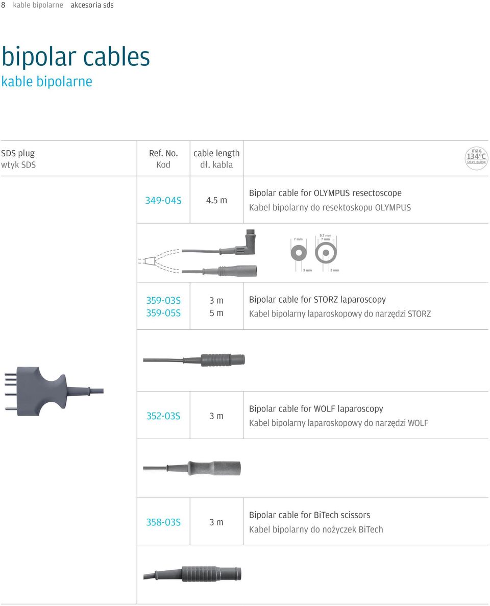 Bipolar cable for STORZ laparoscopy Kabel bipolarny laparoskopowy do narzędzi STORZ 352-03S Bipolar cable