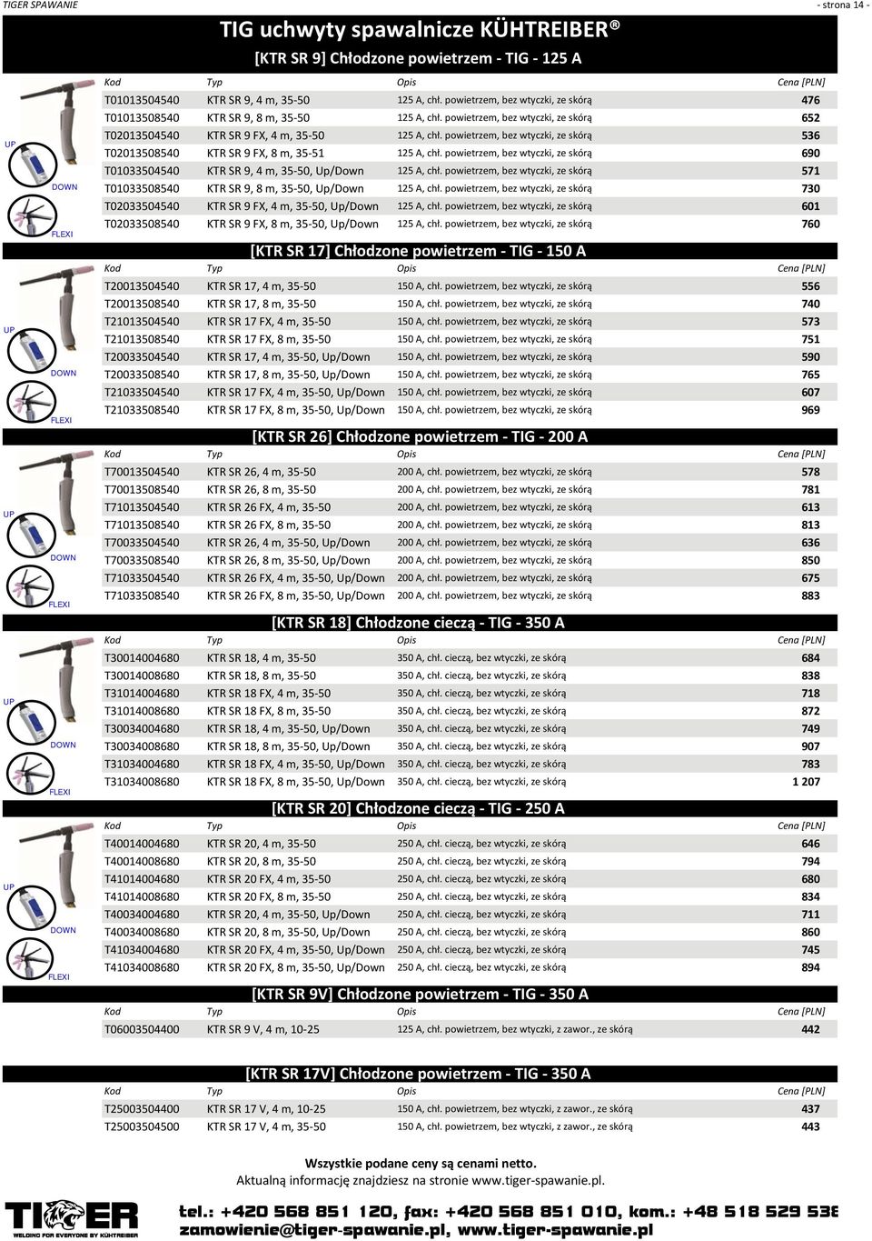 powietrzem, bez wtyczki, ze skórą 536 T02013508540 KTR SR 9 FX, 8 m, 35 51 125 A, chł. powietrzem, bez wtyczki, ze skórą 690 T01033504540 KTR SR 9, 4 m, 35 50, Up/Down 125 A, chł.