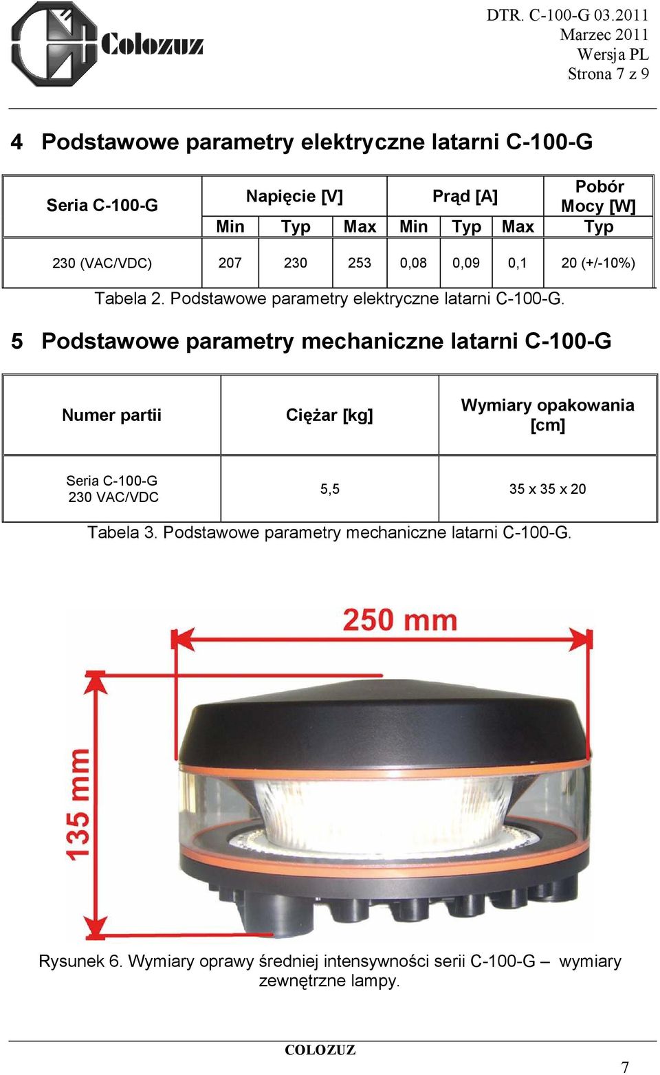 5 Podstawowe parametry mechaniczne latarni C-100-G Numer partii CięŜar [kg] Wymiary opakowania [cm] Seria C-100-G 230 VAC/VDC 5,5 35 x