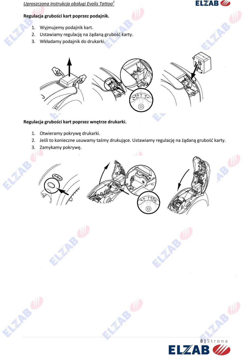 Regulacja grubości kart poprzez wnętrze drukarki. 1. Otwieramy pokrywę drukarki. 2.