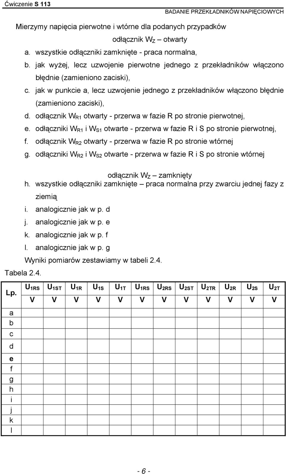 odłączik W R otwarty - przerwa w fazie R po stroie pierwotej, e. odłącziki W R i W S otwarte - przerwa w fazie R i S po stroie pierwotej, f.