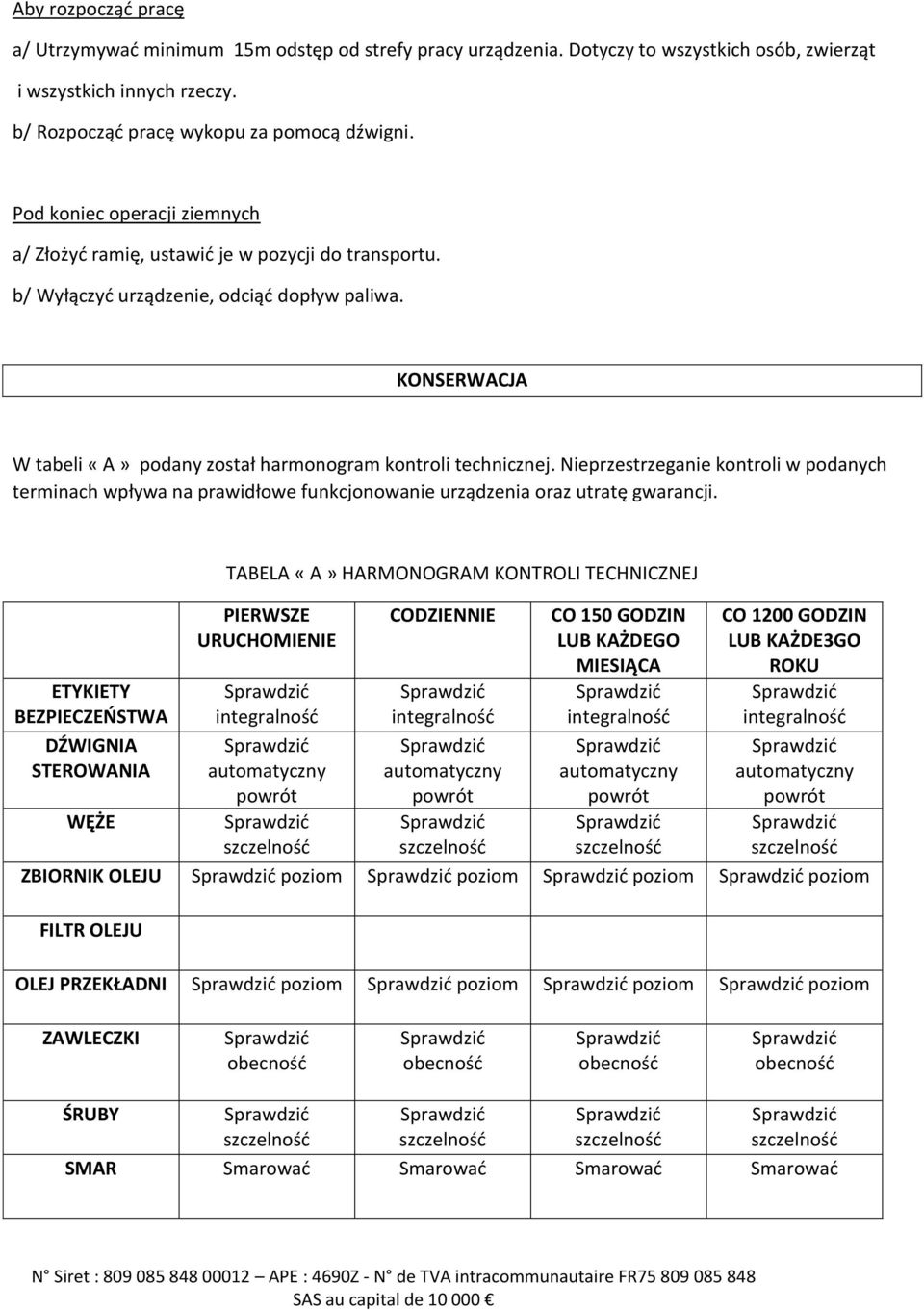 Nieprzestrzeganie kontroli w podanych terminach wpływa na prawidłowe funkcjonowanie urządzenia oraz utratę gwarancji.