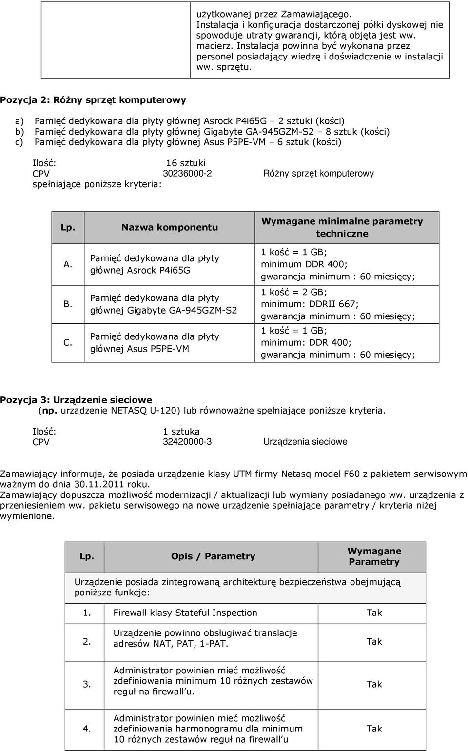 Pozycja 2: RóŜny sprzęt komputerowy a) Pamięć dedykowana dla płyty głównej Asrock P4i65G 2 sztuki (kości) b) Pamięć dedykowana dla płyty głównej Gigabyte GA-945GZM-S2 8 sztuk (kości) c) Pamięć