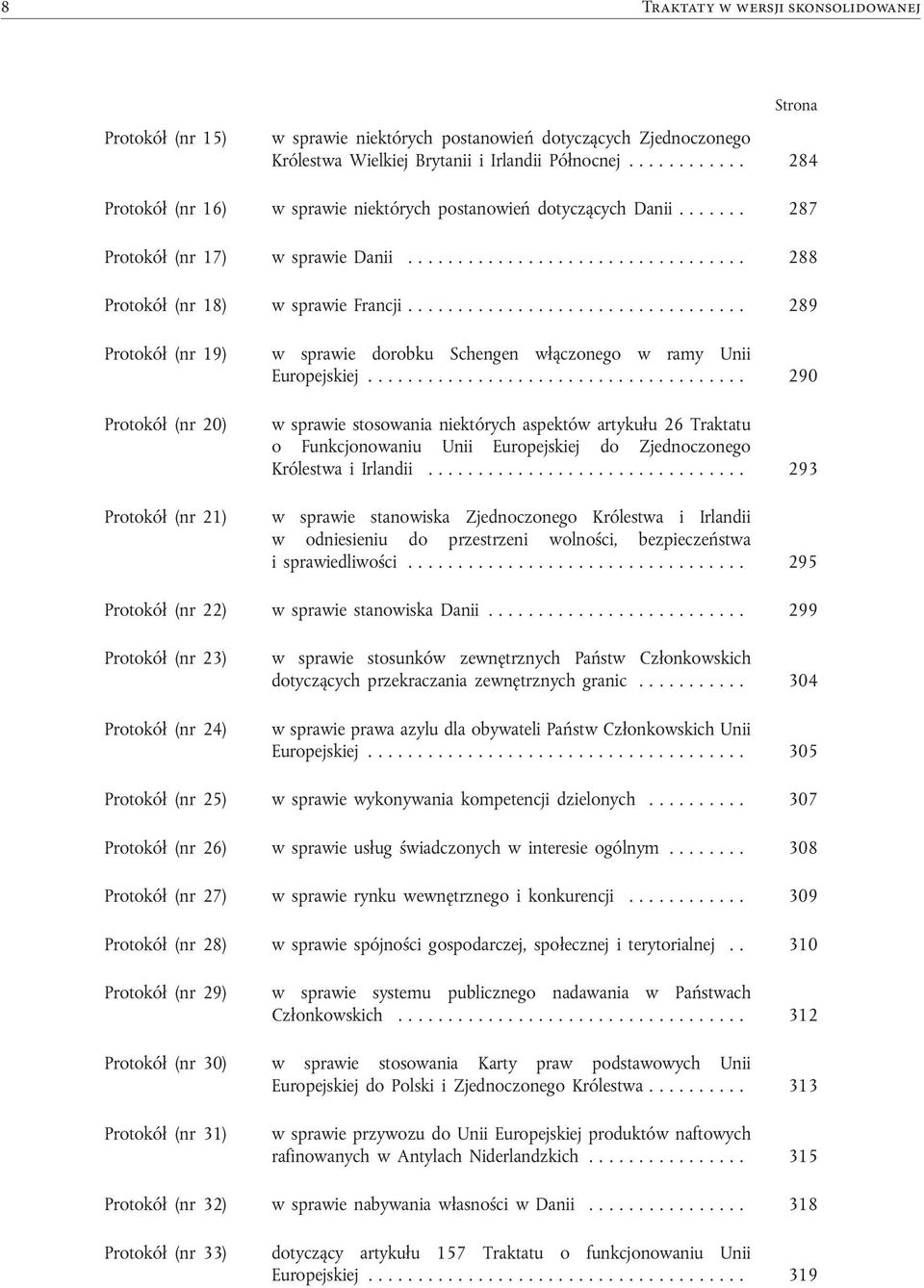 ........................... 289 Protokół (nr 19) w sprawie dorobku Schengen włączonego w ramy Unii Europejskiej.