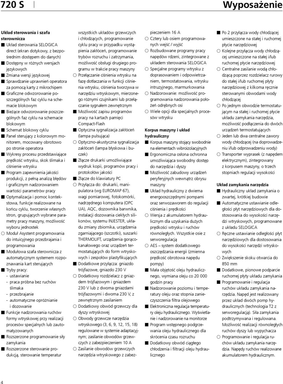 Schemat blokowy cyklu Panel sterujący z kolorowym monitorem, mocowany obrotowo po stronie operatora Wykresy procesu przedstawiające prędkość wtrysku, skok ślimaka i ciśnienie wtrysku Program